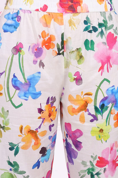 White Floral Printed Pure Cotton Straight Kurta and Straight Pants Set
