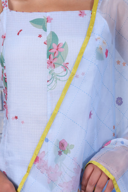 Blue Floral Printed Thread Embroidered Kota Flared Kurta, Flared Pant And Dupatta Set