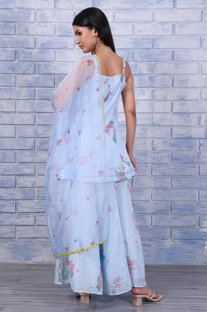 Blue Floral Printed Thread Embroidered Kota Flared Kurta, Flared Pant And Dupatta Set