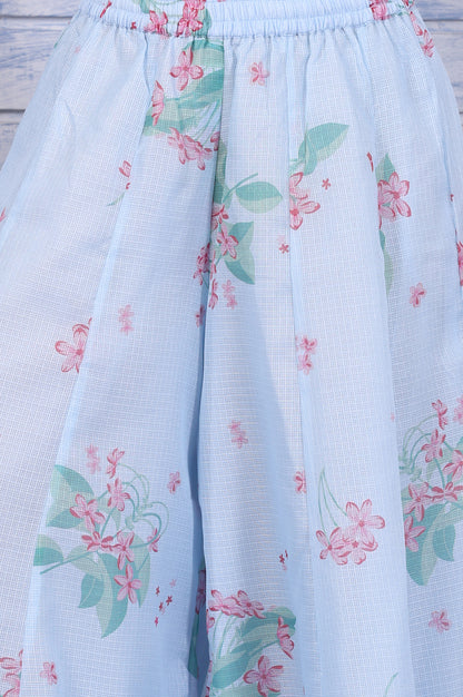 Blue Floral Printed Thread Embroidered Kota Flared Kurta, Flared Pant And Dupatta Set