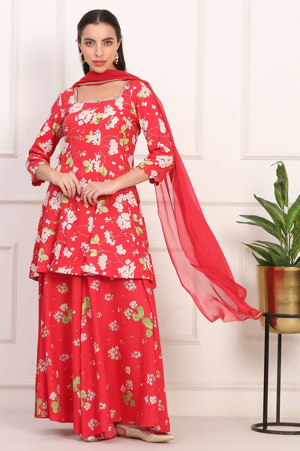 Red Floral Printed Embellished Modal Flared Short Kurta, Flared Pant and Dupatta Set - XS