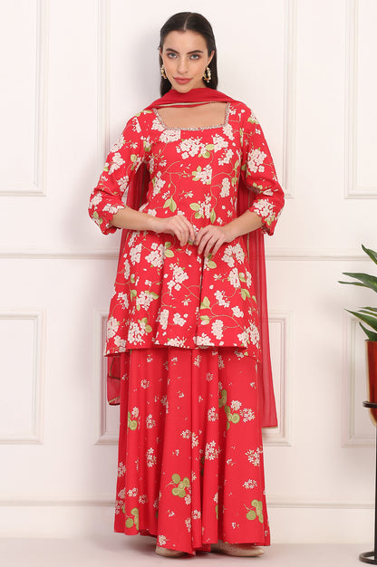 Red Floral Printed Embellished Modal Flared Short Kurta, Flared Pant and Dupatta Set
