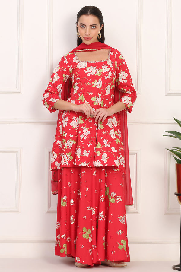 Red Floral Printed Embellished Modal Flared Short Kurta, Flared Pant and Dupatta Set