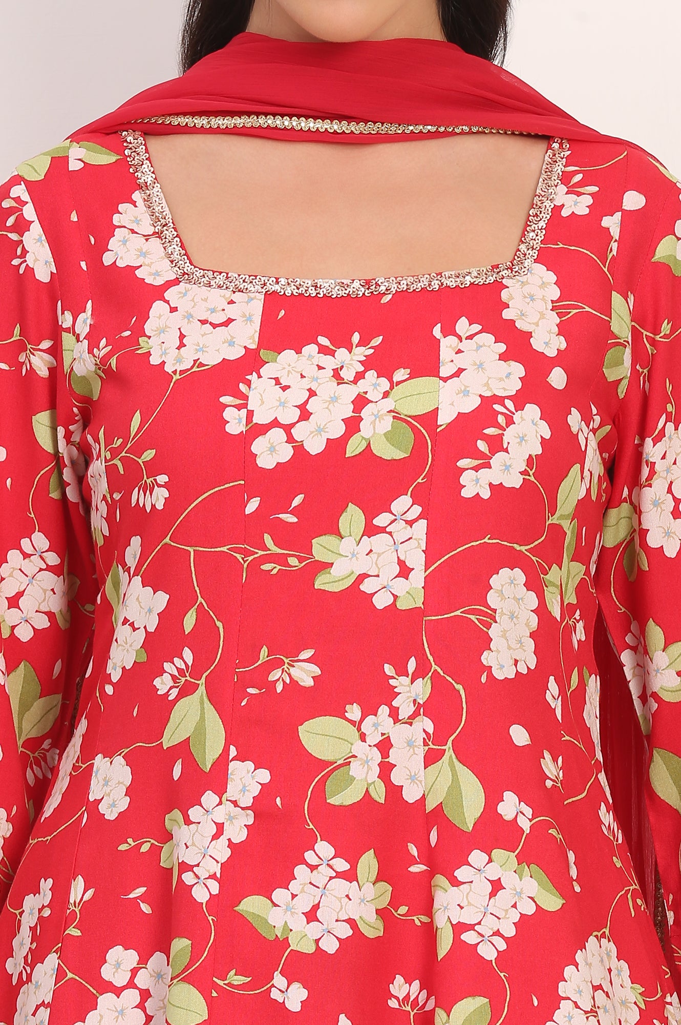 Red Floral Printed Embellished Modal Flared Short Kurta, Flared Pant and Dupatta Set