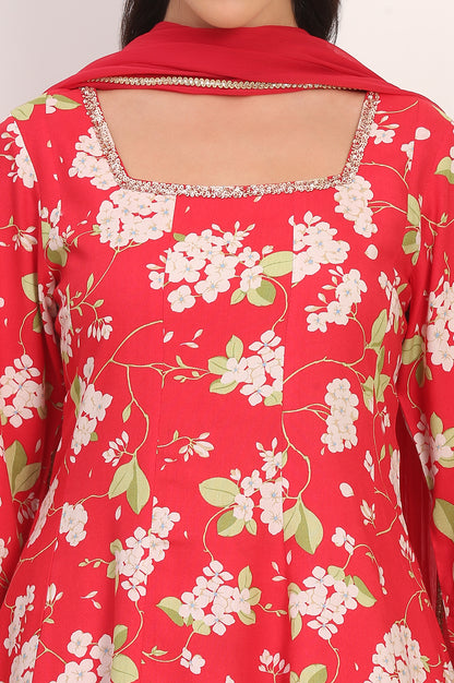 Red Floral Printed Embellished Modal Flared Short Kurta, Flared Pant and Dupatta Set