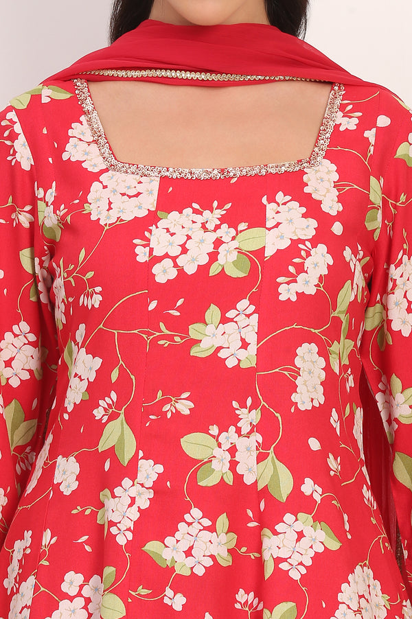Red Floral Printed Embellished Modal Flared Short Kurta, Flared Pant and Dupatta Set
