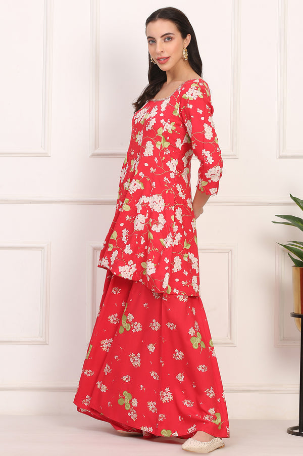 Red Floral Printed Embellished Modal Flared Short Kurta, Flared Pant and Dupatta Set