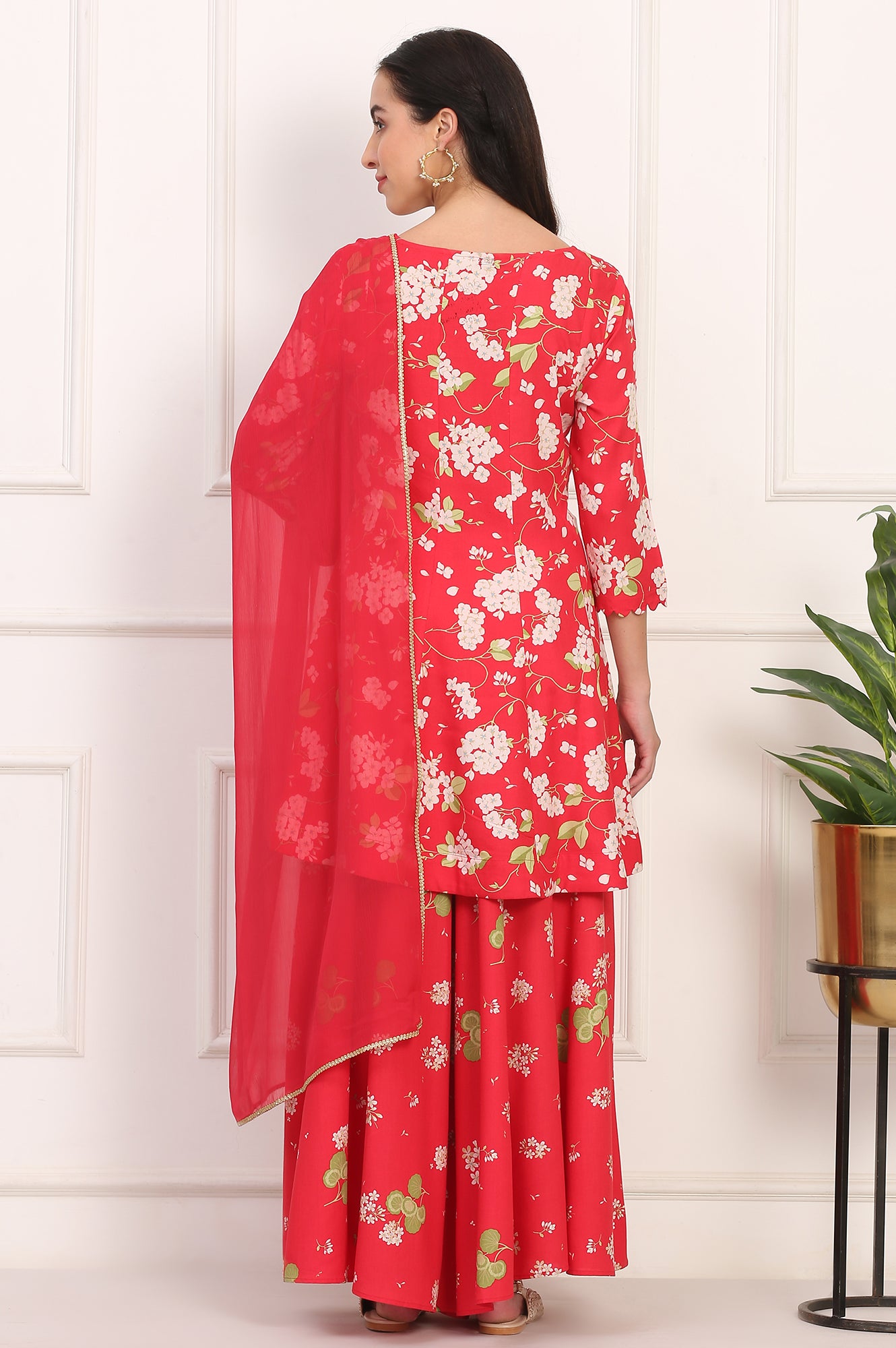 Red Floral Printed Embellished Modal Flared Short Kurta, Flared Pant and Dupatta Set