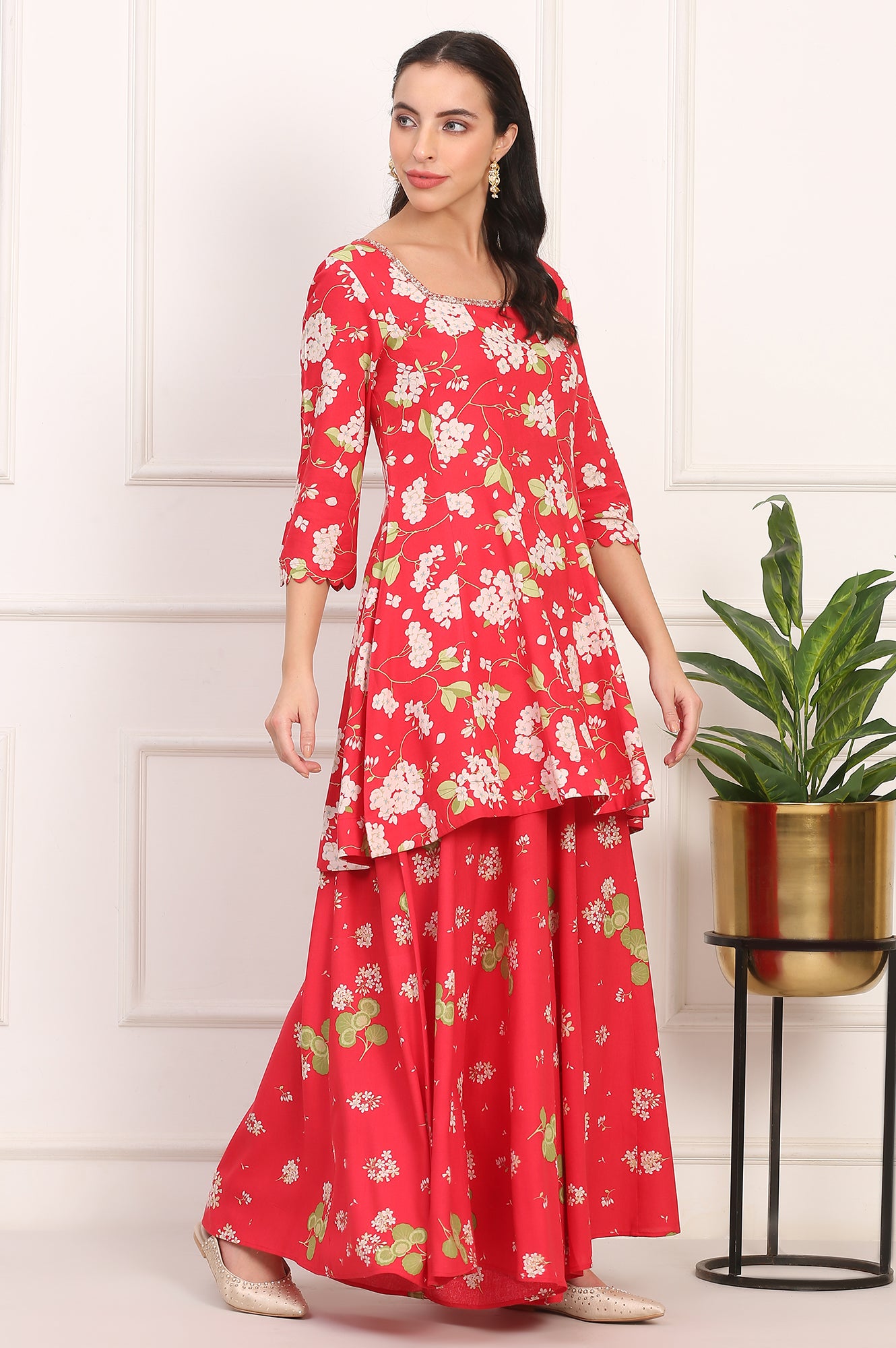 Red Floral Printed Embellished Modal Flared Short Kurta, Flared Pant and Dupatta Set