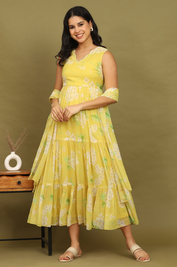 Yellow Floral Printed Tiered Dress and Dupatta Set