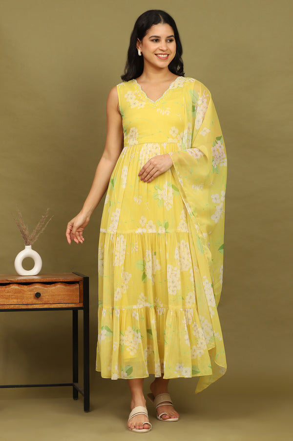 Yellow Floral Printed Tiered Dress and Dupatta Set