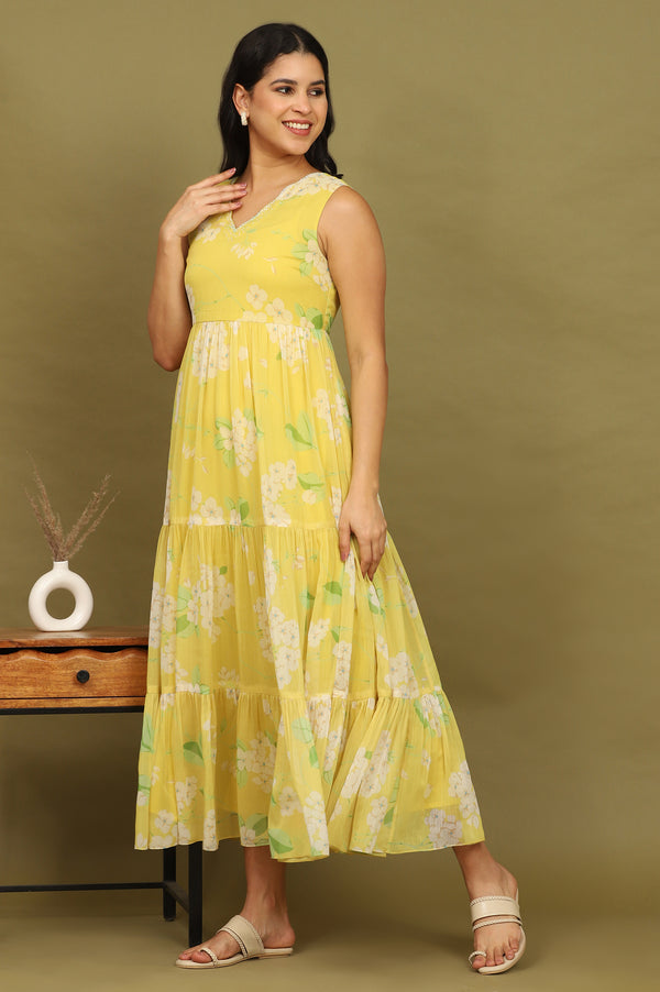 Yellow Floral Printed Tiered Dress and Dupatta Set