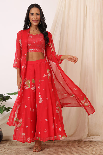 Red Floral Printed Chiffon Jacket, Crop Top and Culottes Set