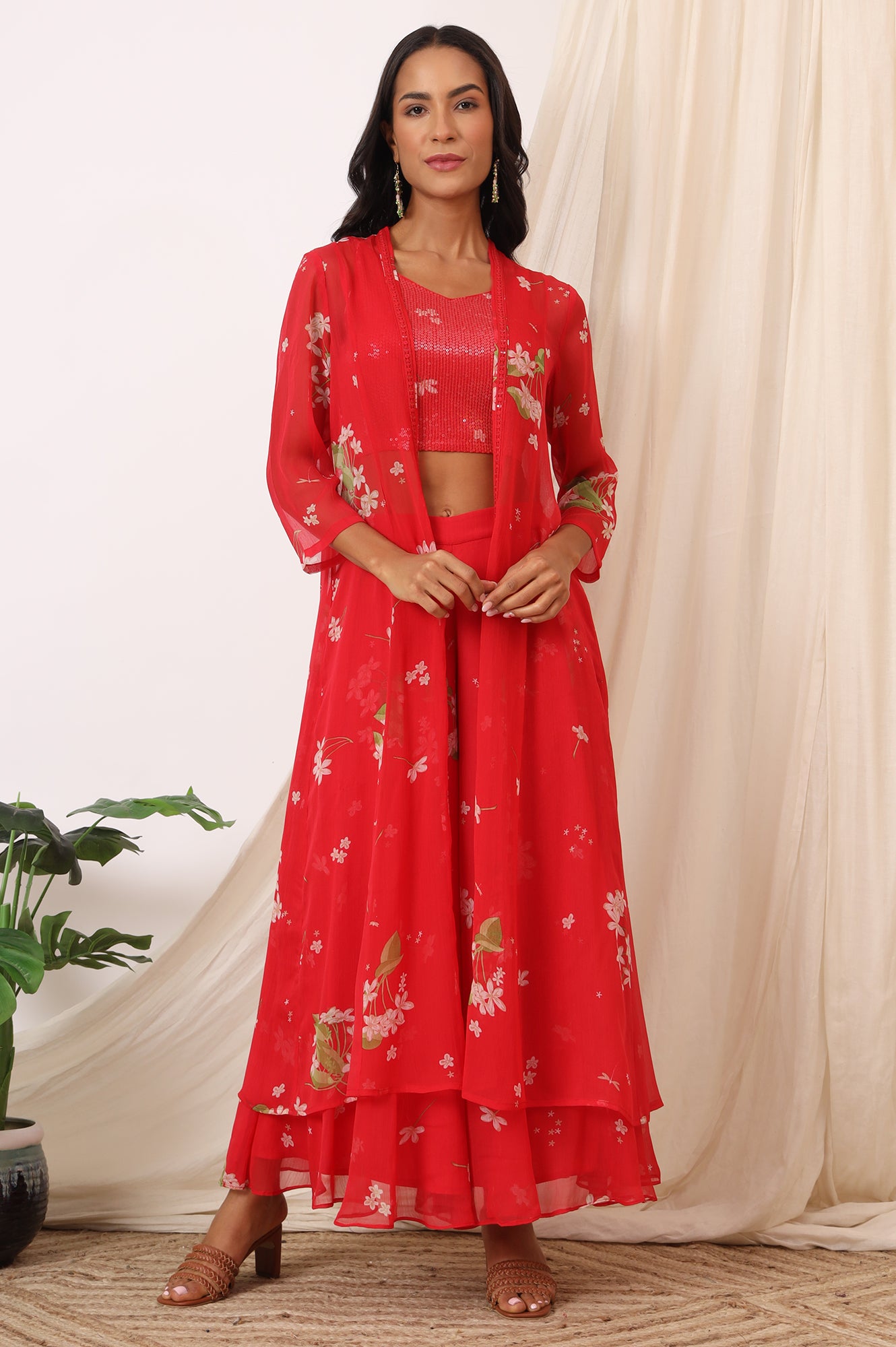 Red Floral Printed Chiffon Jacket, Crop Top and Culottes Set
