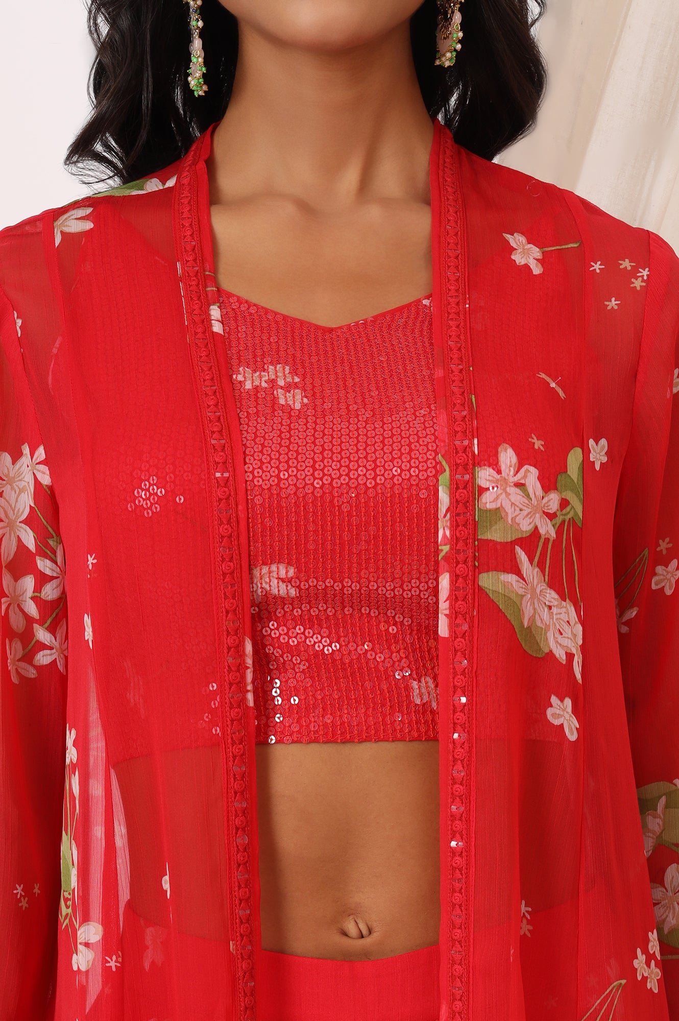 Red Floral Printed Chiffon Jacket, Crop Top and Culottes Set
