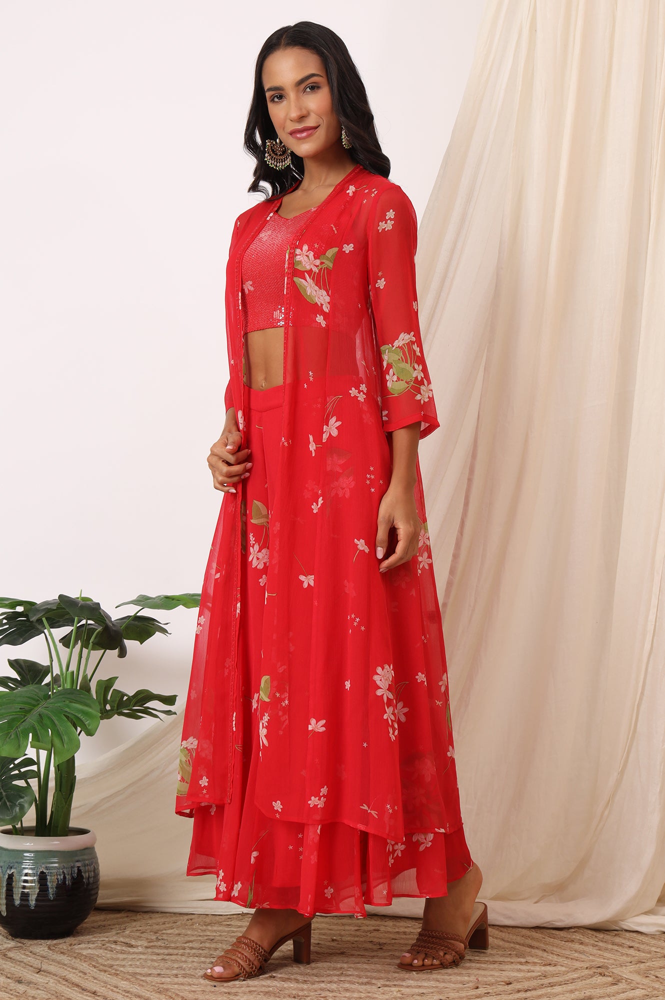 Red Floral Printed Chiffon Jacket, Crop Top and Culottes Set