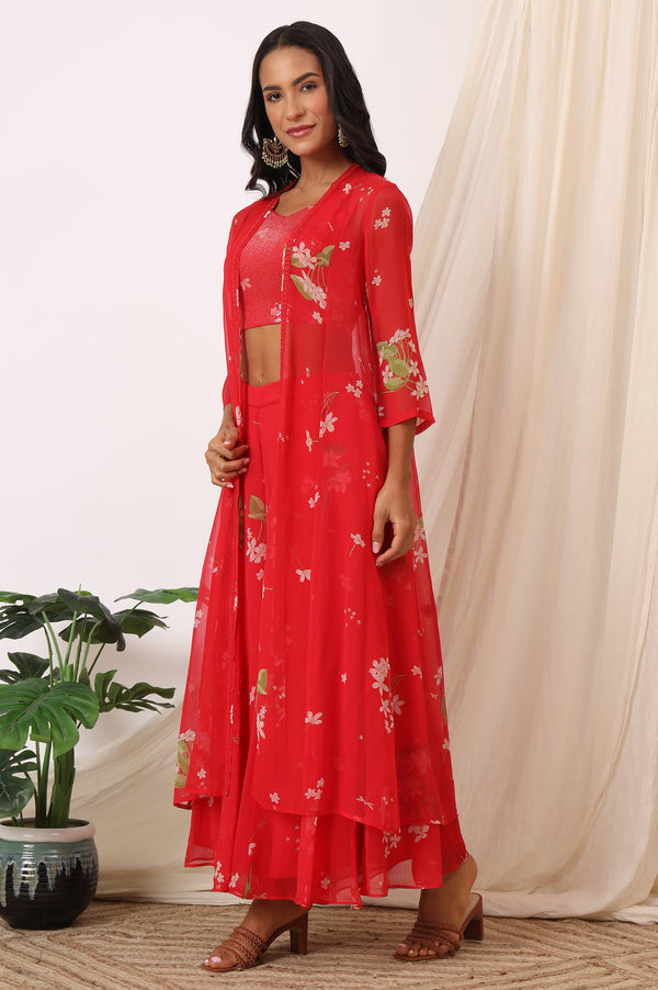Red Floral Printed Chiffon Jacket, Crop Top and Culottes Set