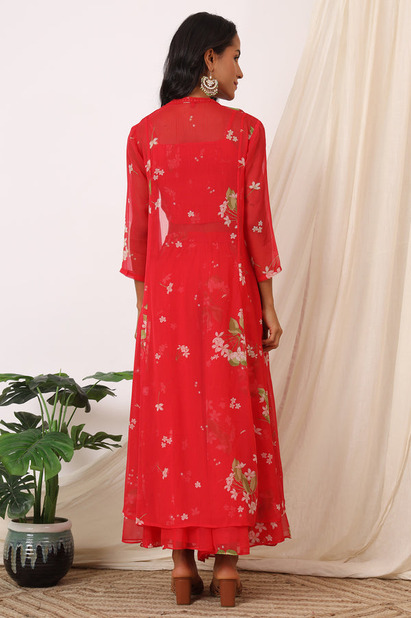 Red Floral Printed Chiffon Jacket, Crop Top and Culottes Set