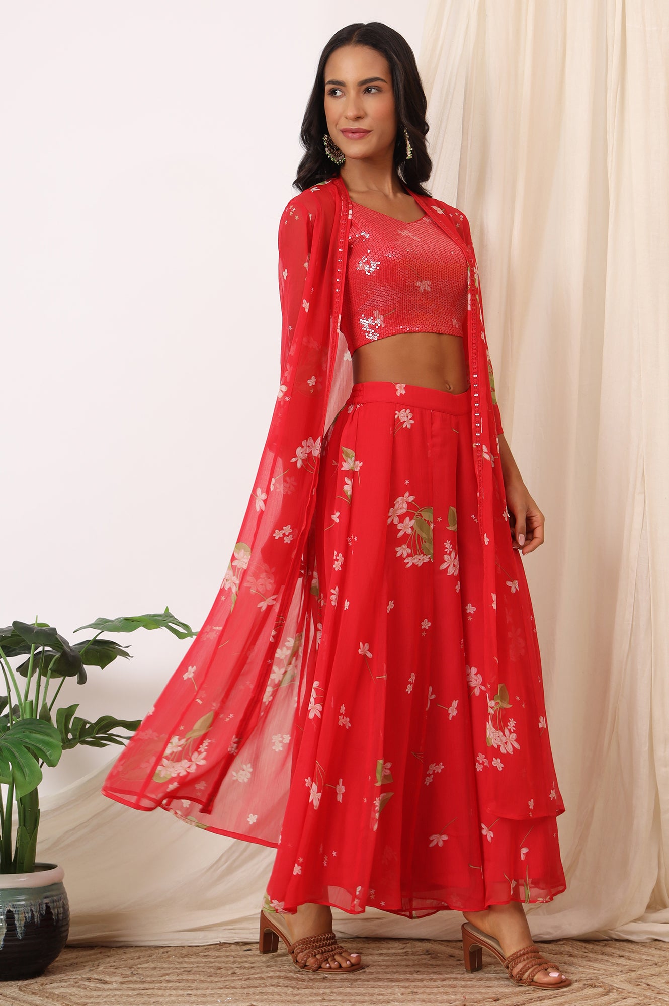 Red Floral Printed Chiffon Jacket, Crop Top and Culottes Set