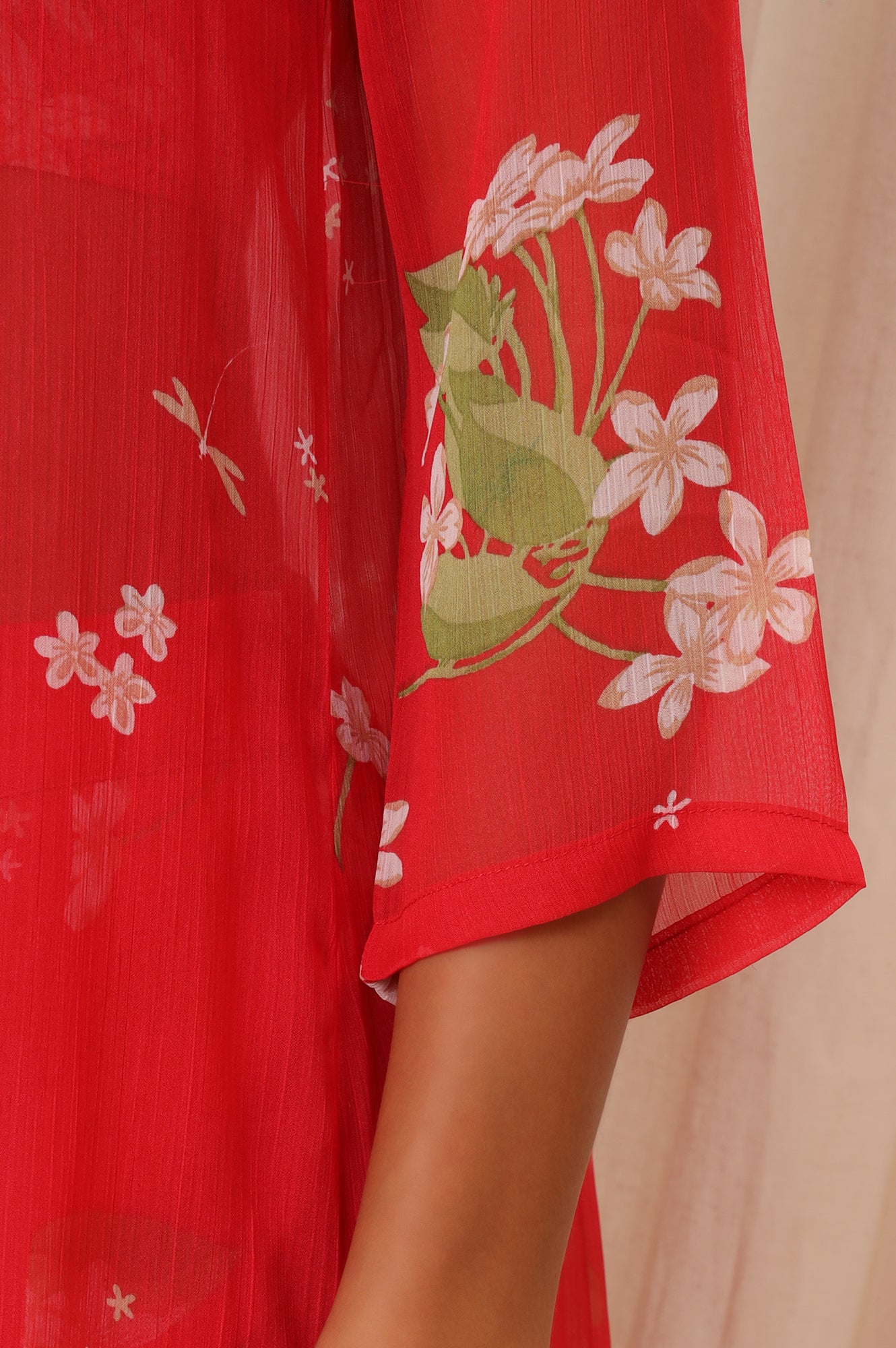 Red Floral Printed Chiffon Jacket, Crop Top and Culottes Set