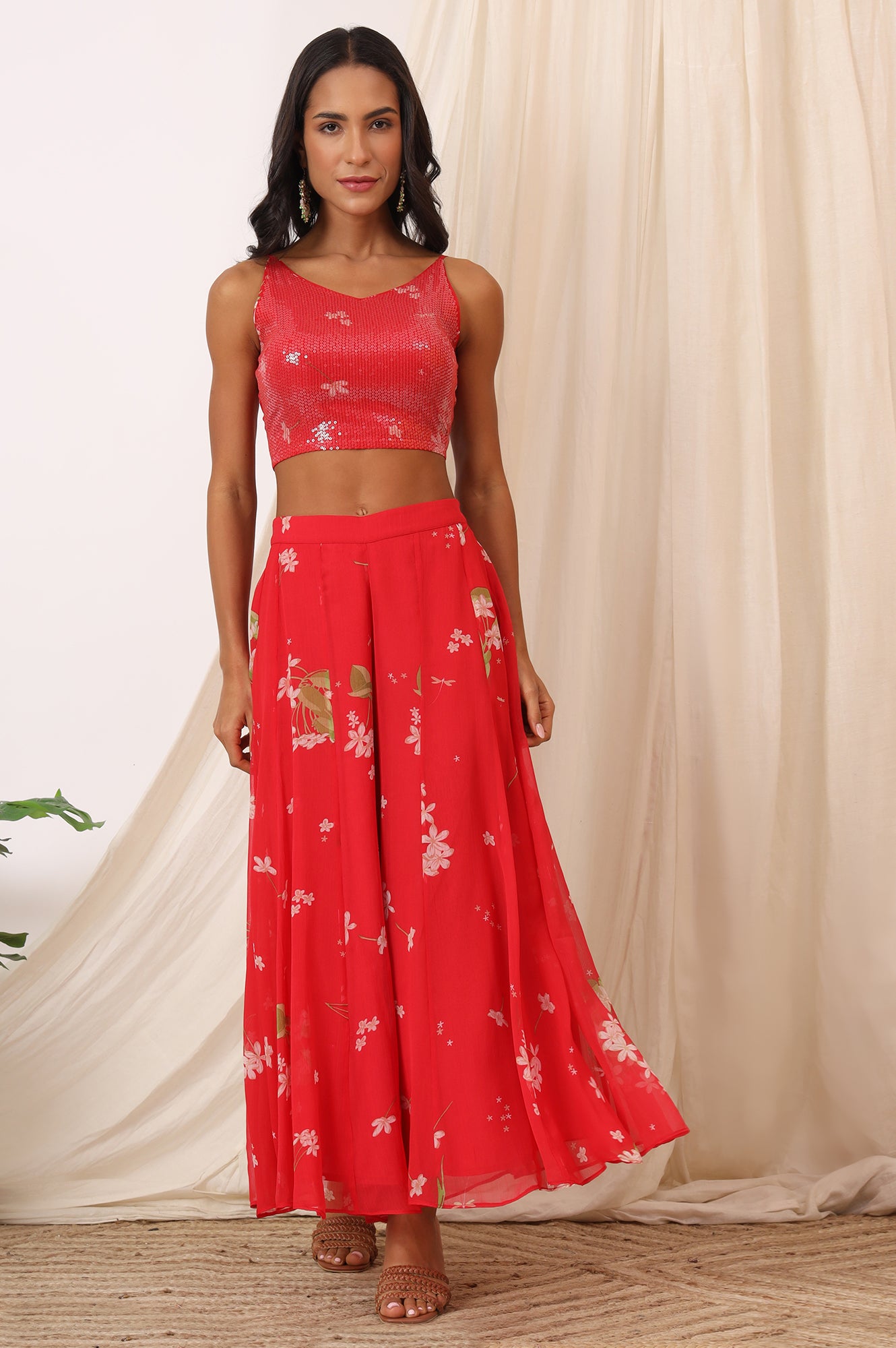 Red Floral Printed Chiffon Jacket, Crop Top and Culottes Set