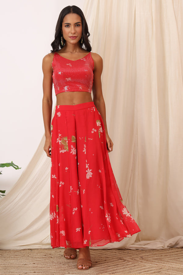 Red Floral Printed Chiffon Jacket, Crop Top and Culottes Set
