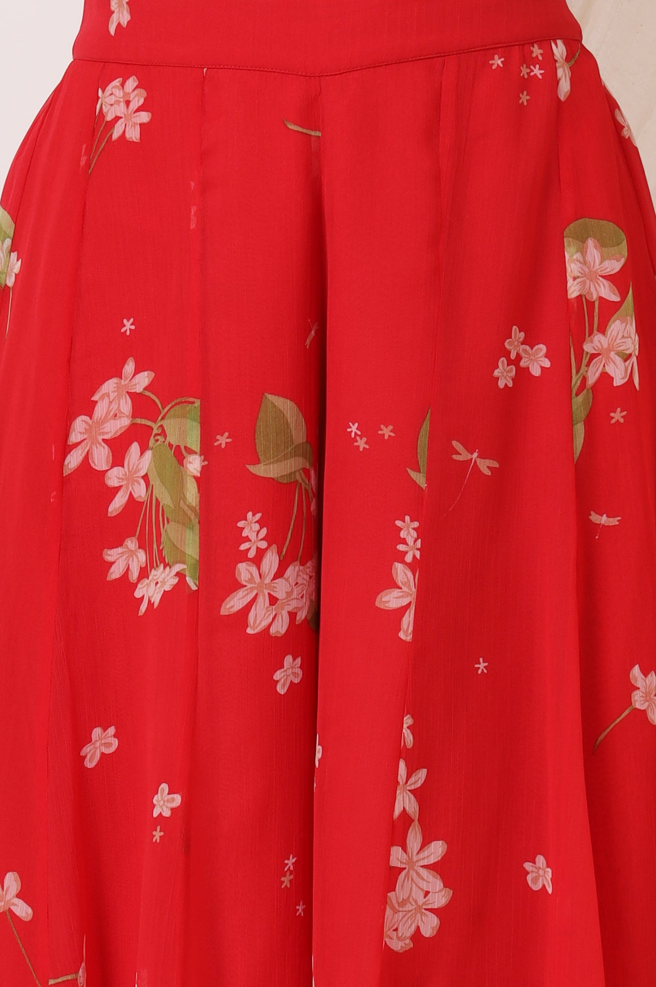 Red Floral Printed Chiffon Jacket, Crop Top and Culottes Set