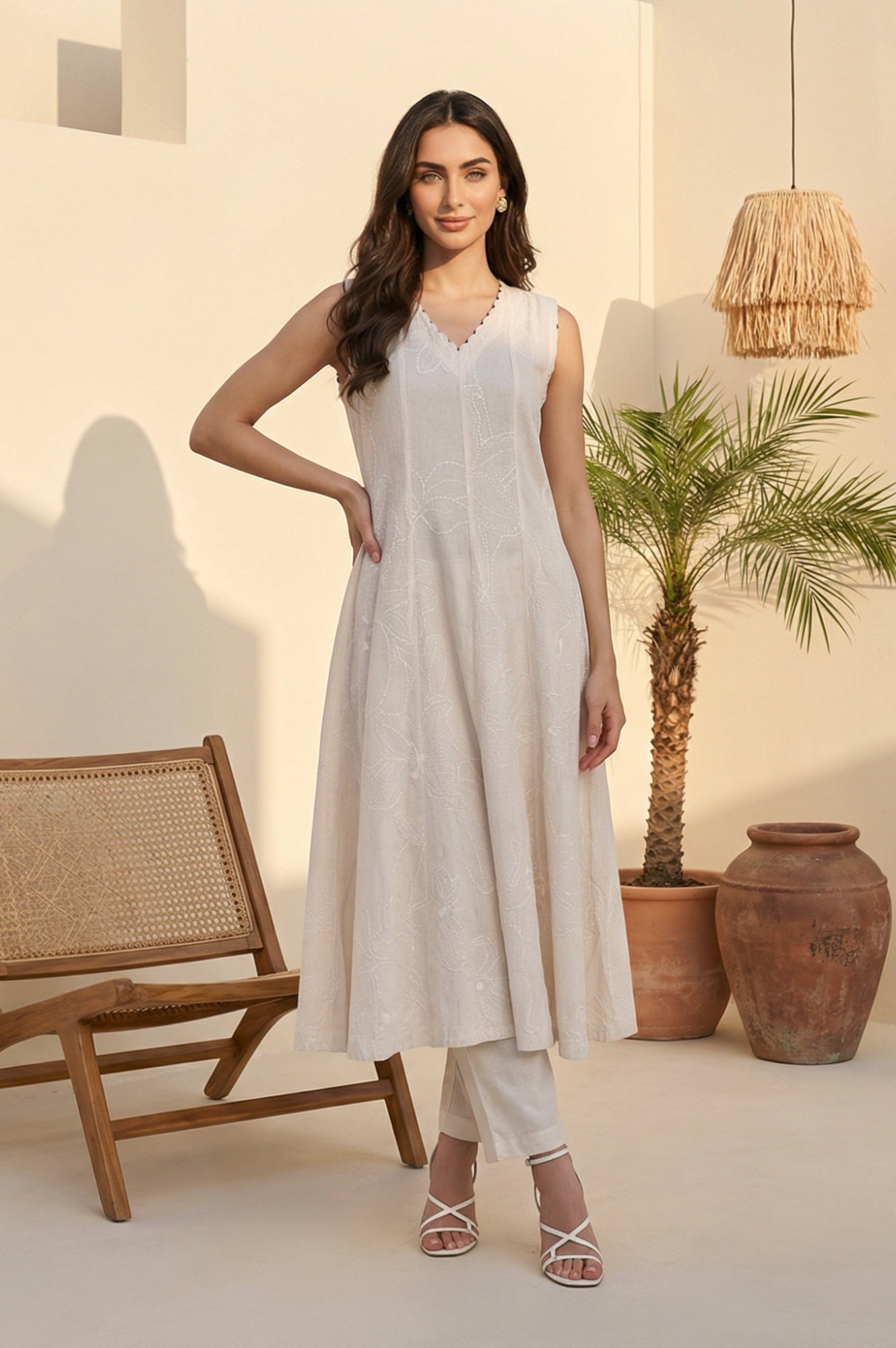 Off White Textured Rayon Blend Flared Kurta with Straight Pants Set