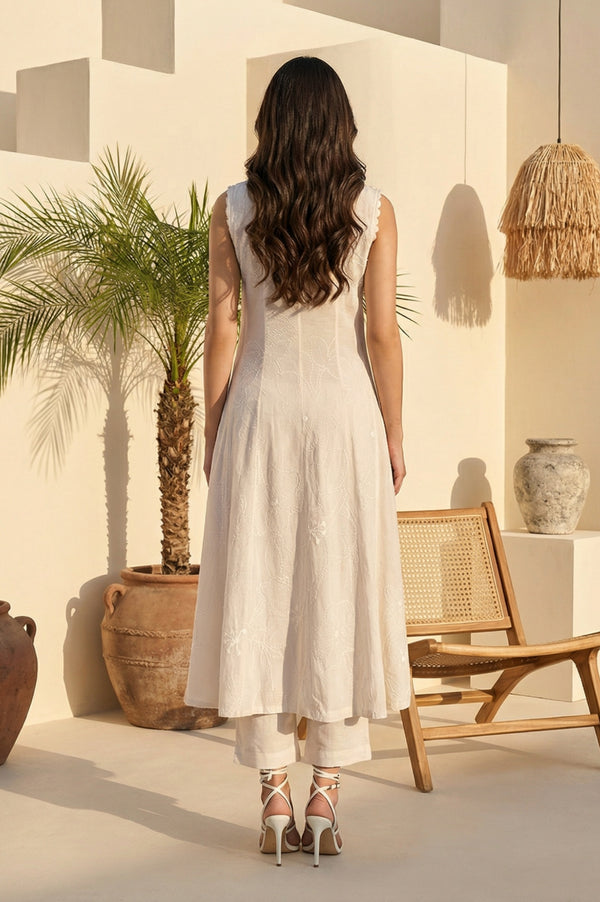 Off White Textured Rayon Blend Flared Kurta with Straight Pants Set