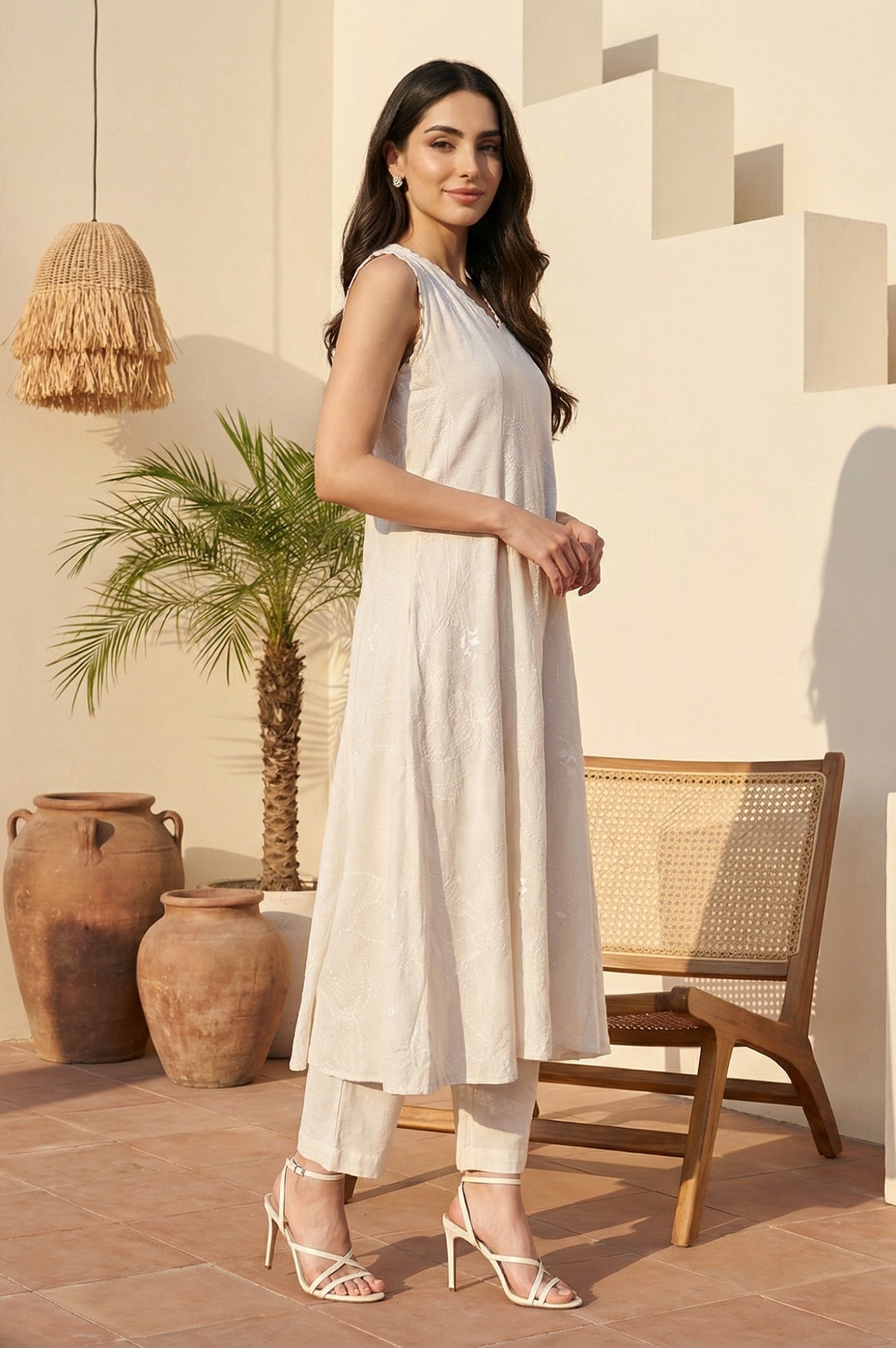 Off White Textured Rayon Blend Flared Kurta with Straight Pants Set