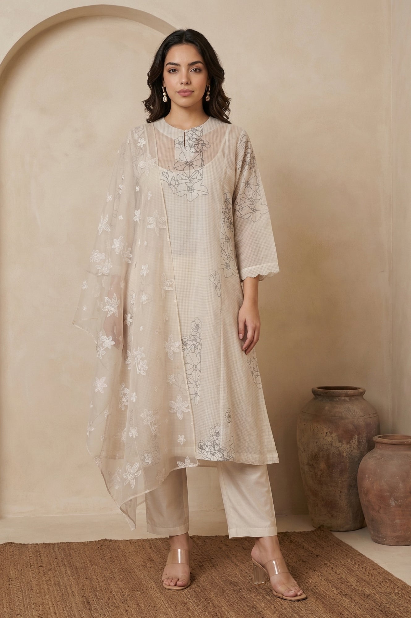 Cream Floral Printed Embroidered Organza Straight Kurta, Inner with Pants and Dupatta Set