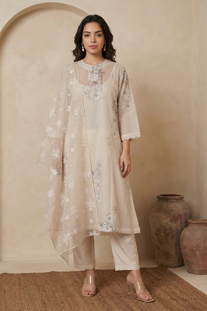 Cream Floral Printed Embroidered Organza Straight Kurta, Inner with Pants and Dupatta Set
