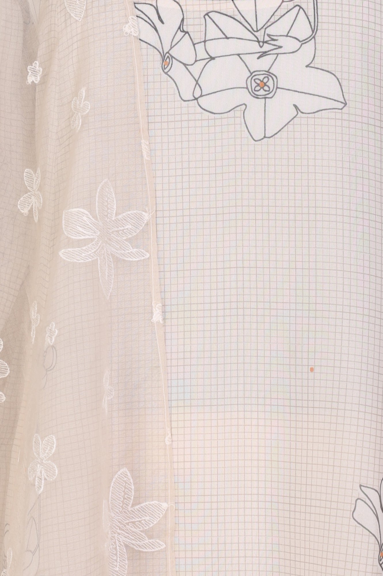 Cream Floral Printed Embroidered Organza Straight Kurta, Inner with Pants and Dupatta Set