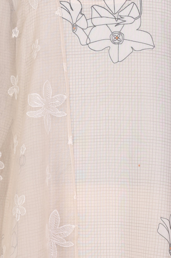 Cream Floral Printed Embroidered Organza Straight Kurta, Inner with Pants and Dupatta Set