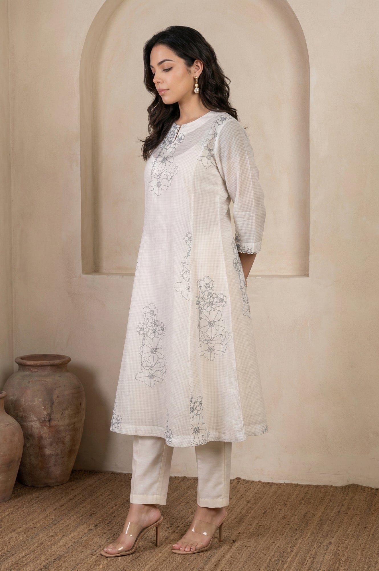 Cream Floral Printed Embroidered Organza Straight Kurta, Inner with Pants and Dupatta Set