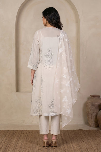 Cream Floral Printed Embroidered Organza Straight Kurta, Inner with Pants and Dupatta Set