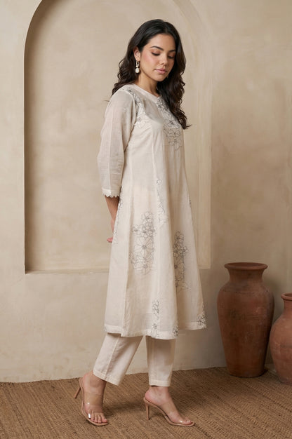 Cream Floral Printed Embroidered Organza Straight Kurta, Inner with Pants and Dupatta Set