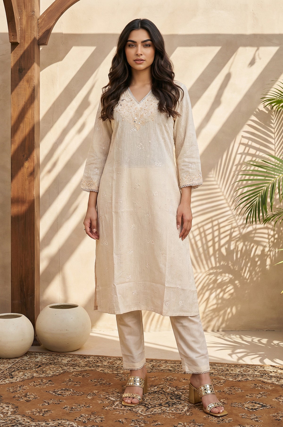 Beige Embroidered Rayon Straight Kurta with Pants Set - XS