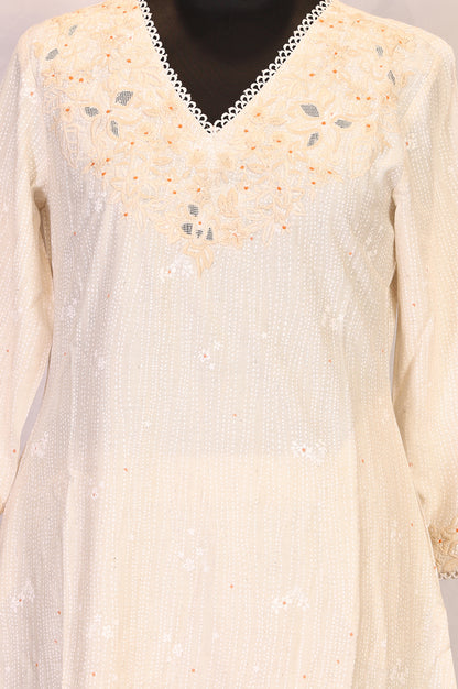 Beige Embroidered Rayon Straight Kurta with Pants Set