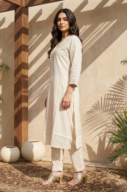 Beige Embroidered Rayon Straight Kurta with Pants Set