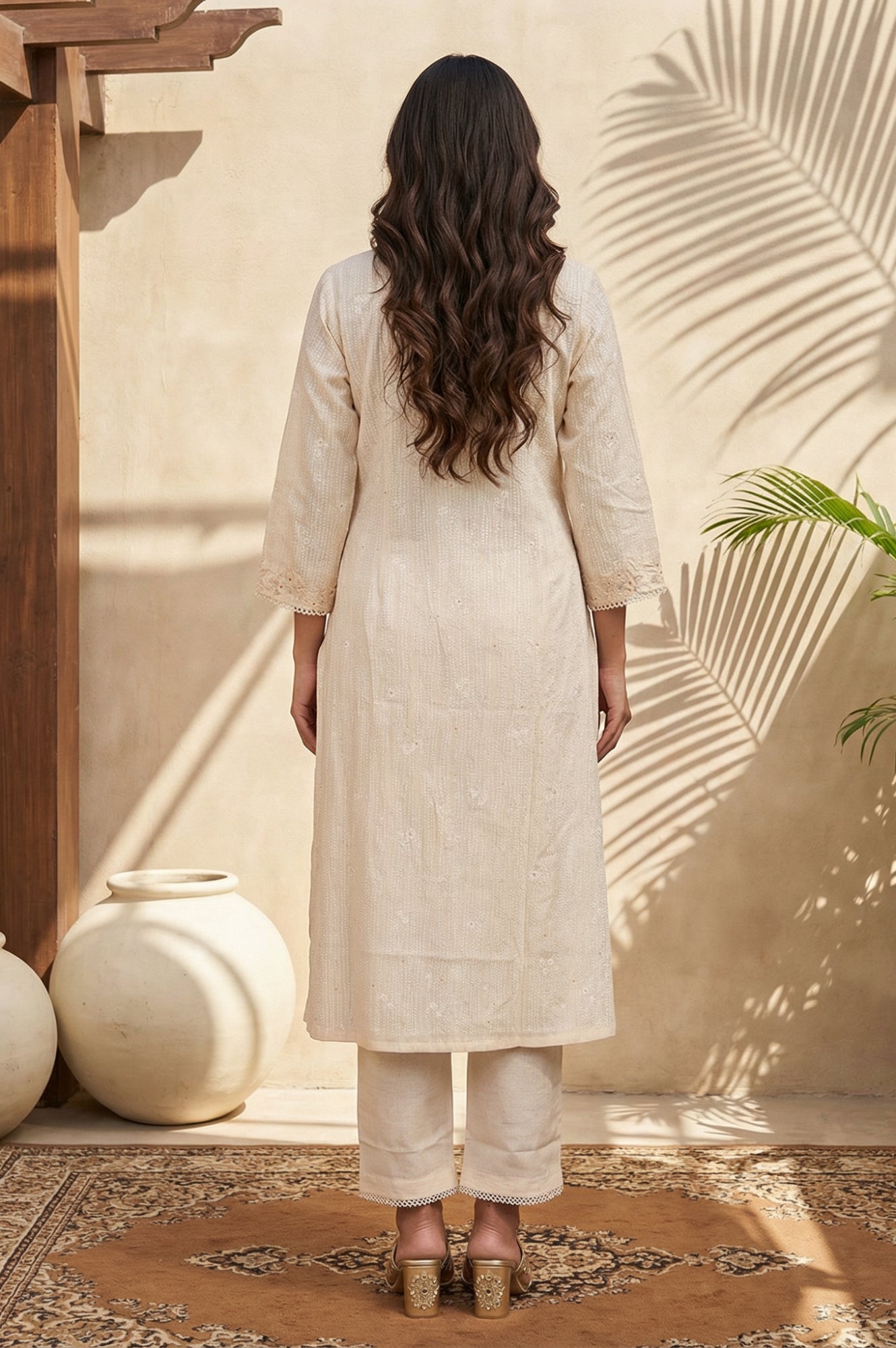 Beige Embroidered Rayon Straight Kurta with Pants Set