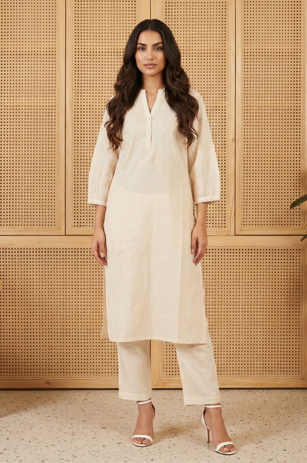 Off White Embroidered Rayon Straight Kurta and Pants Set - XS