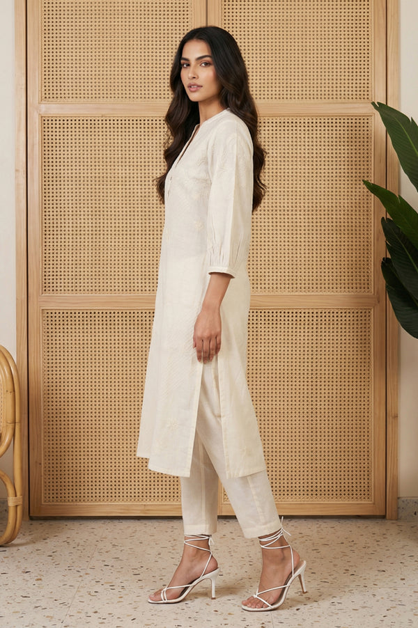 Off White Embroidered Rayon Straight Kurta and Pants Set