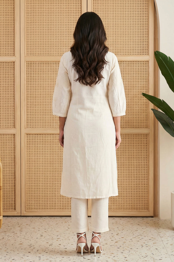 Off White Embroidered Rayon Straight Kurta and Pants Set