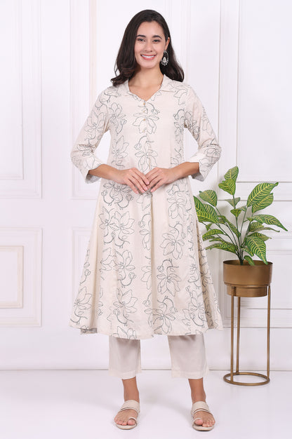 Off-White Floral Printed Pure Cotton Straight Kurta with Pants Set