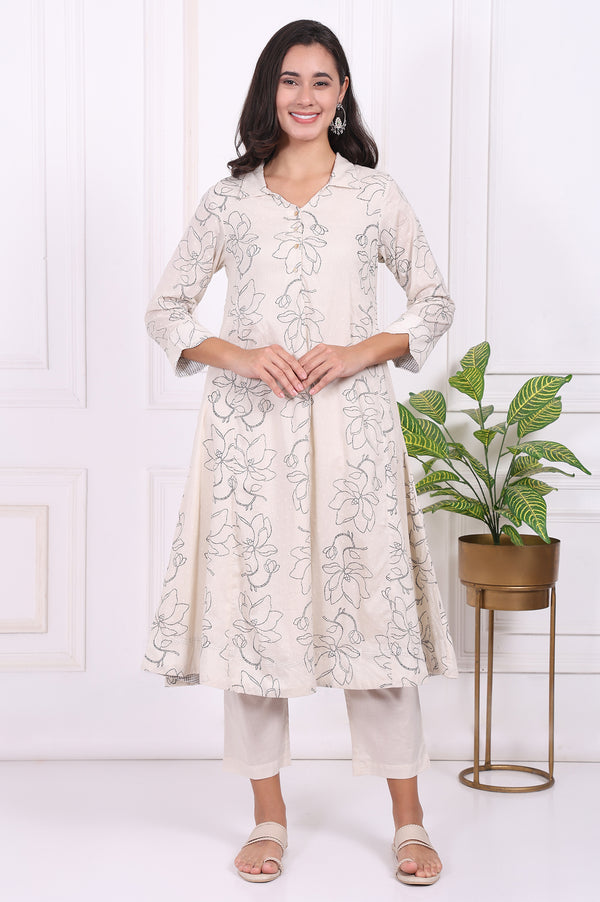 Off-White Floral Printed Pure Cotton Straight Kurta with Pants Set
