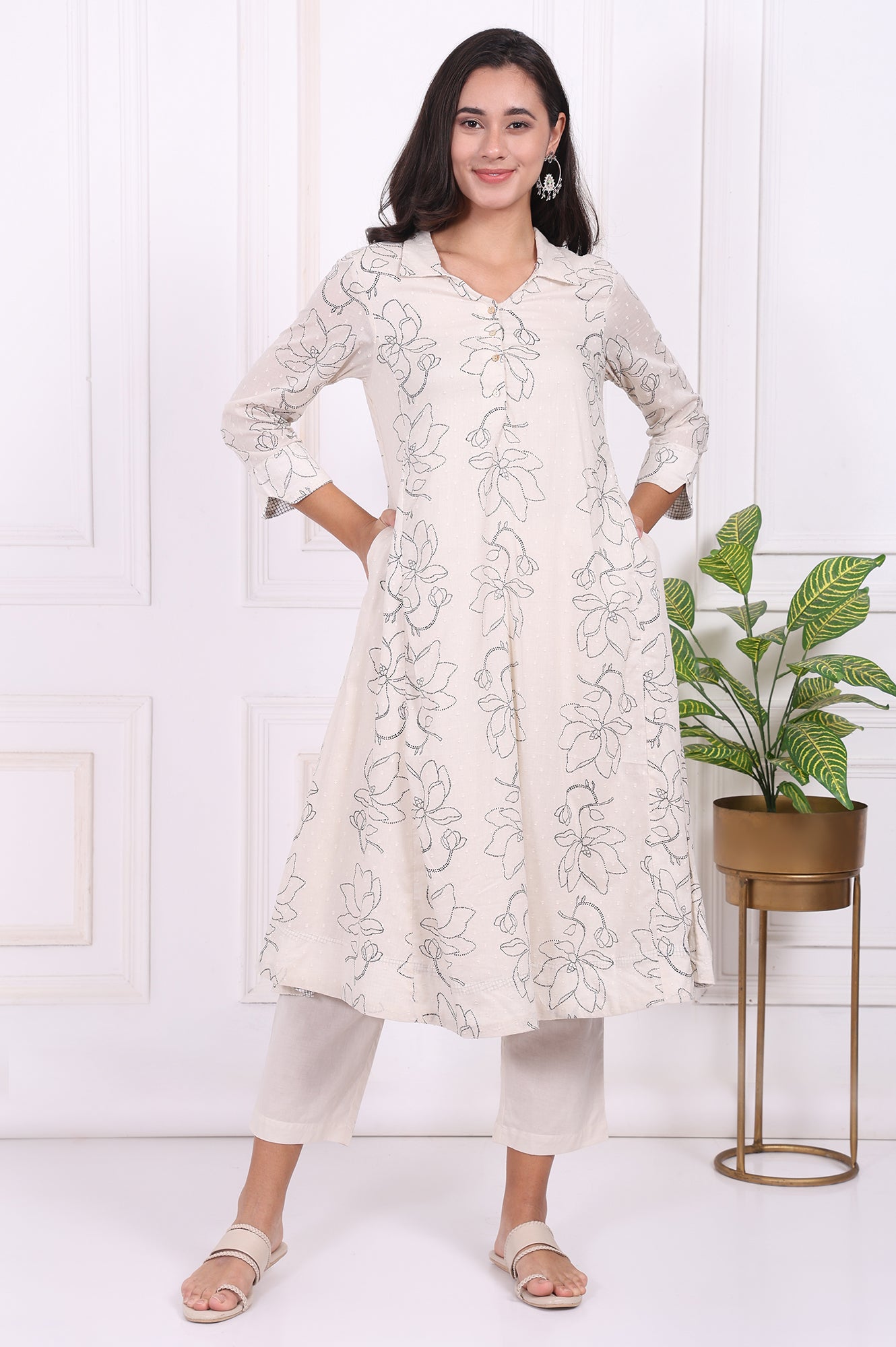 Off-White Floral Printed Pure Cotton Straight Kurta with Pants Set
