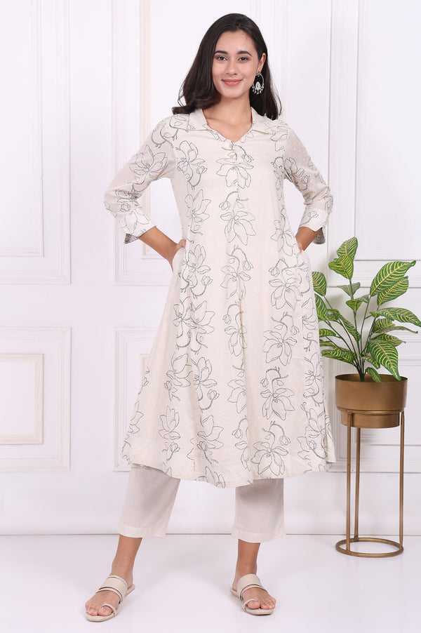 Off-White Floral Printed Pure Cotton Straight Kurta with Pants Set