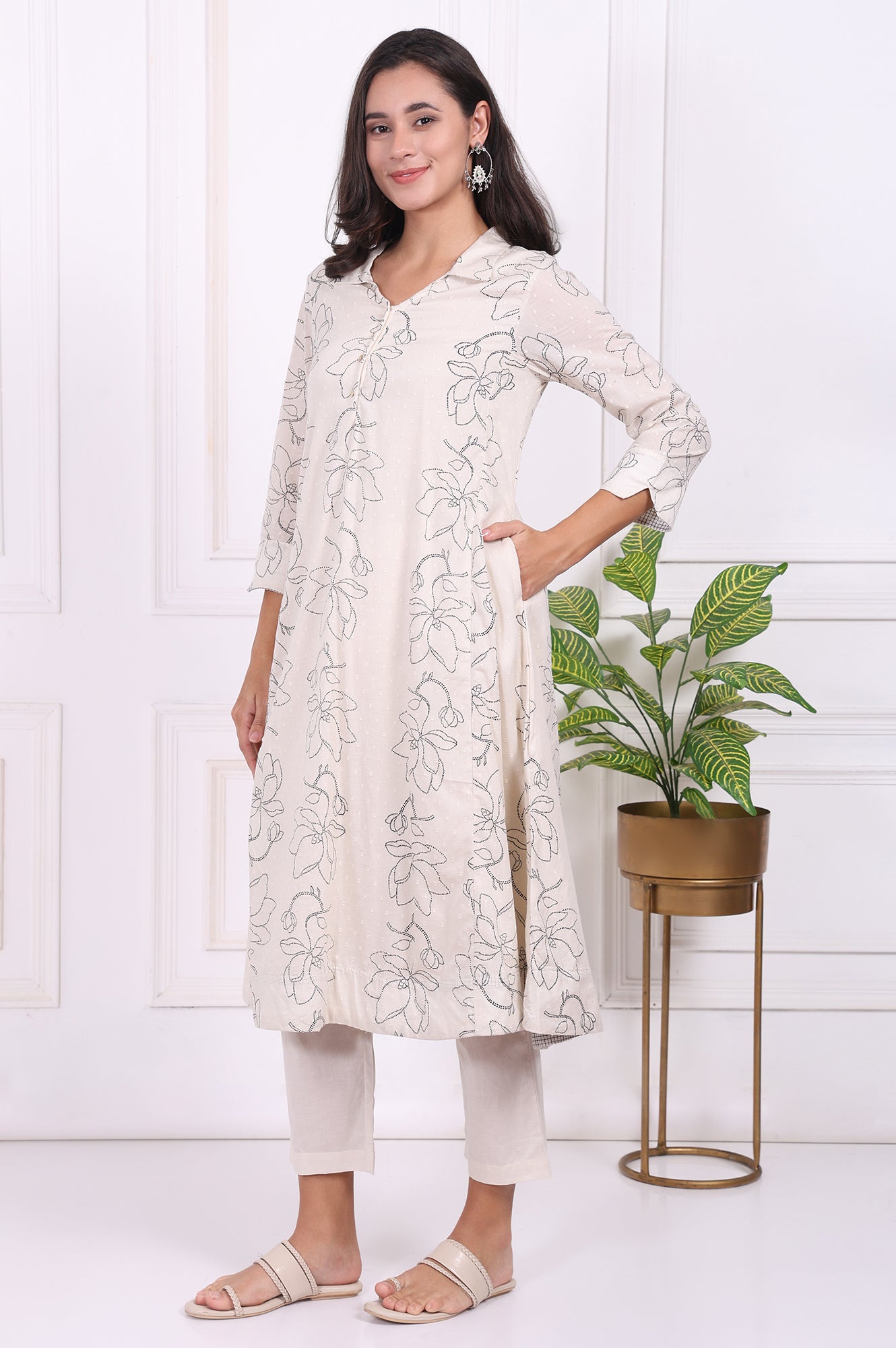 Off-White Floral Printed Pure Cotton Straight Kurta with Pants Set