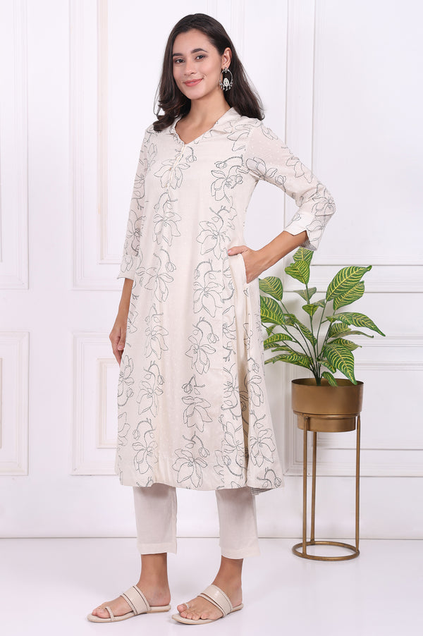 Off-White Floral Printed Pure Cotton Straight Kurta with Pants Set
